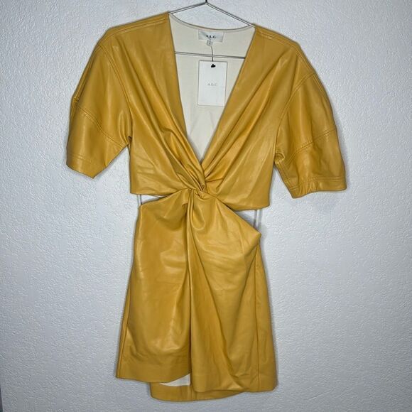 NWT ALC Yellow Faux Leather Cutout Mini Dress Size 0 - Picture 2 of 16